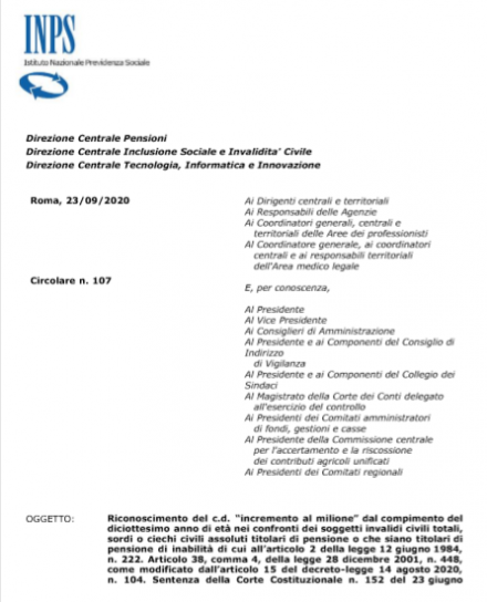 ADEGUAMENTO PENSIONI INVALIDI CIVILI TOTALI . Circolare INPS n° 107 - A. N. M. I. C.