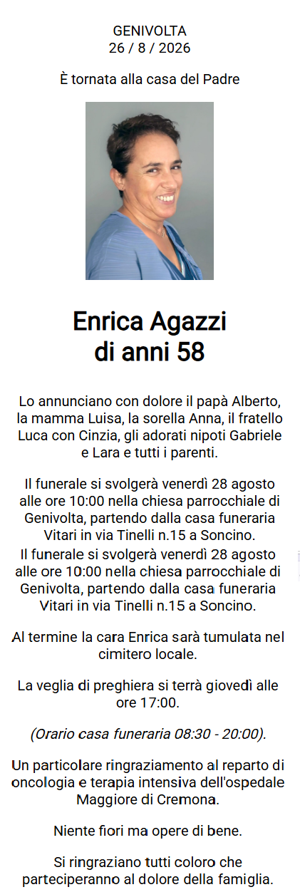 Informazioni per l' Elogio funebre di Enrica Agazzi - A. N. M. I. C.